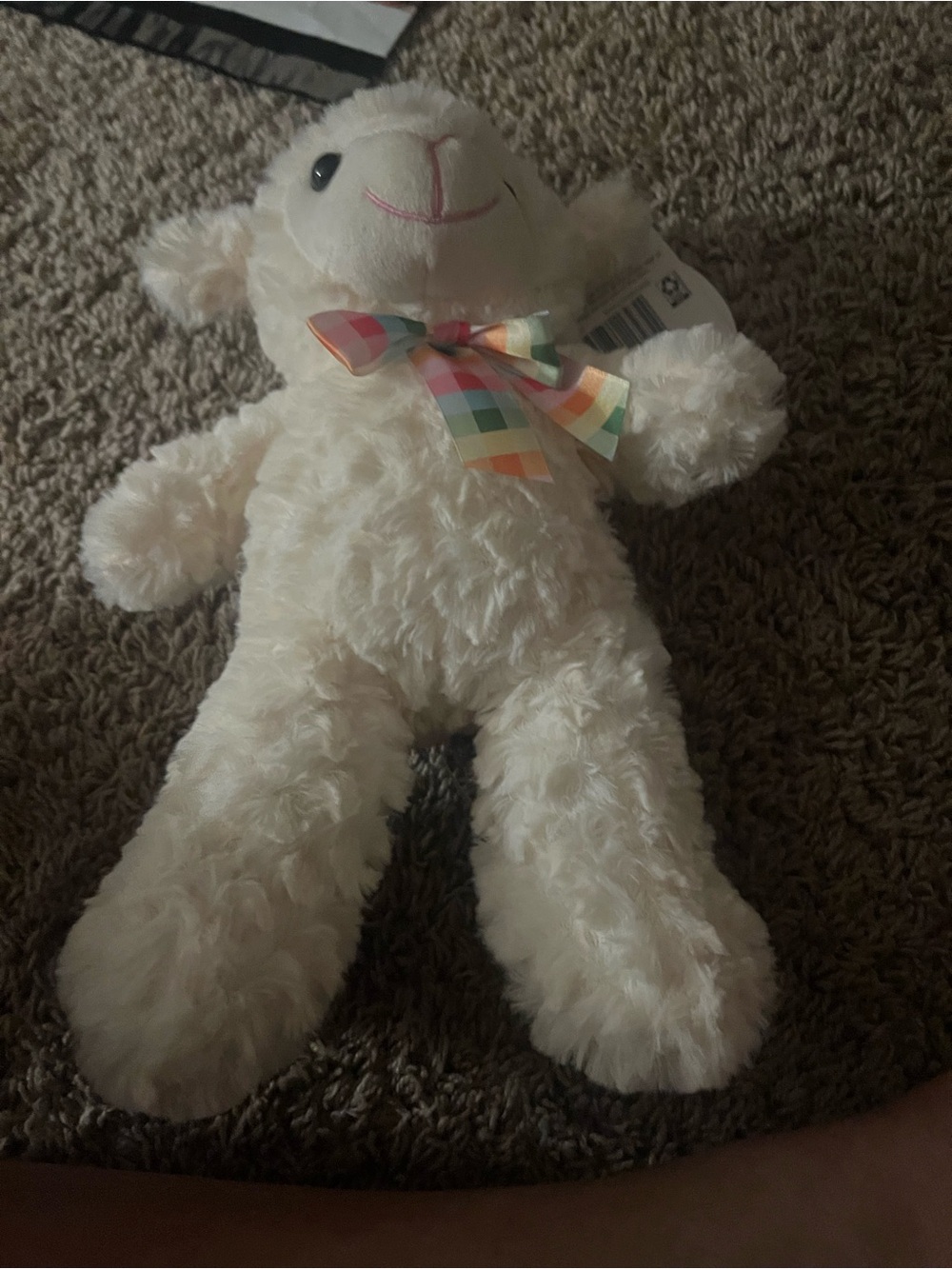Plush White Lamb Stuffed Animal with Rainbow Bow - Kids Toy